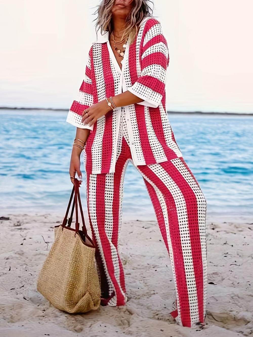 Casual Loose V-Neck Hollow-Out Striped Shirt & Wide-Leg Pants Set