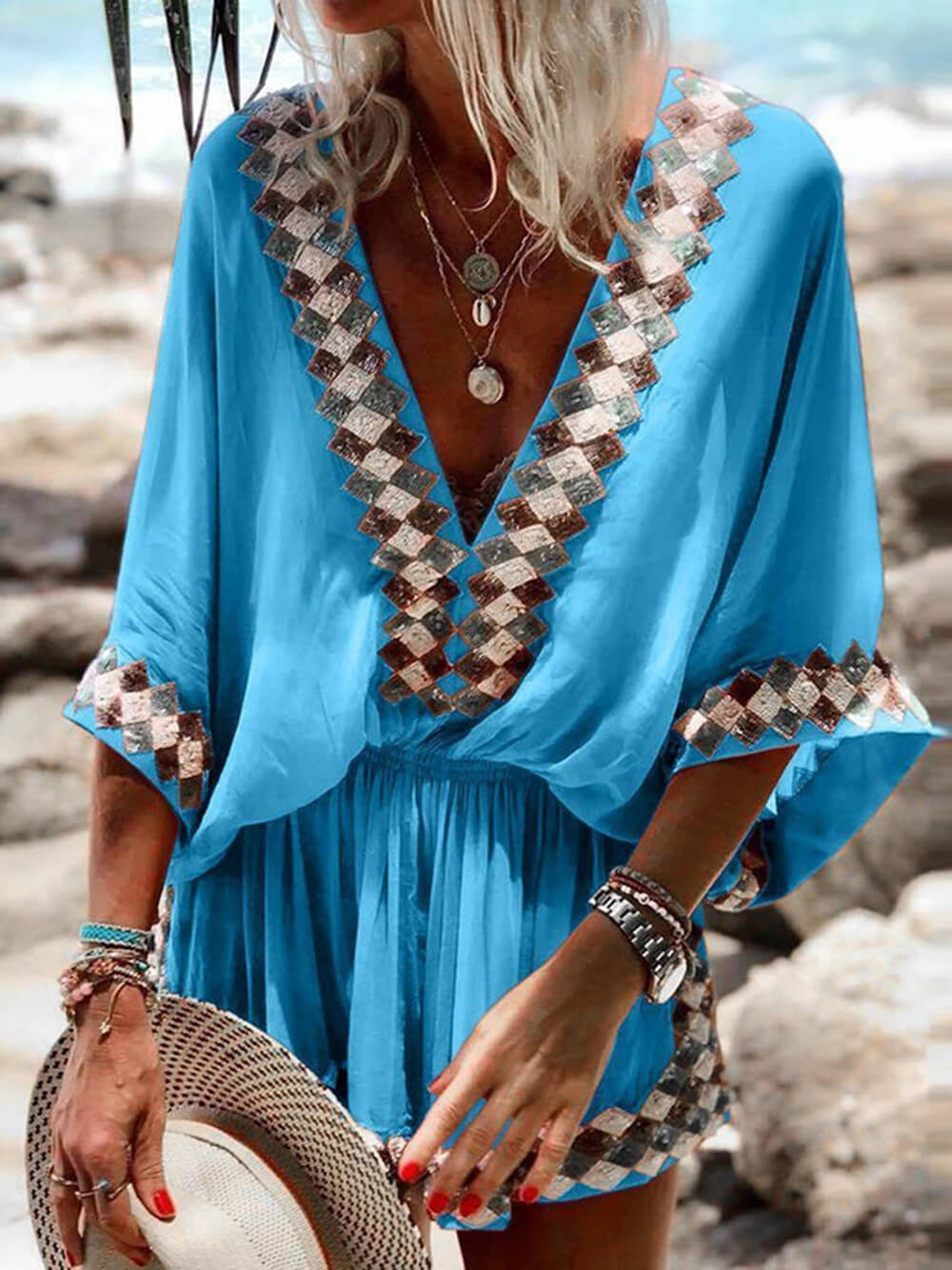 Bohemian Beach Print Kimono Romper - Effortless Boho-Chic Vacation Wear