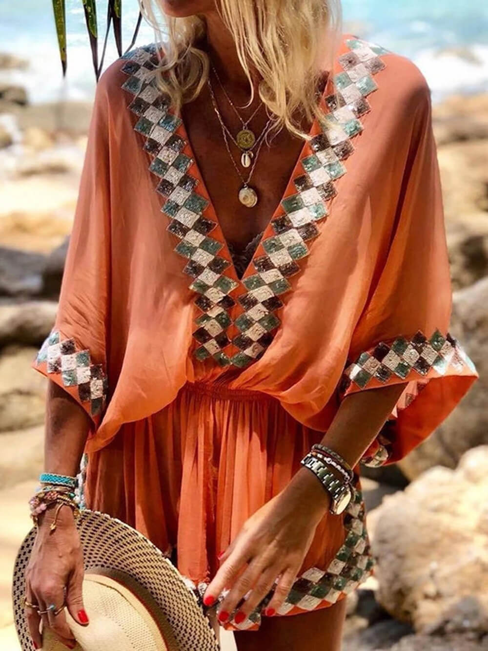 Bohemian Beach Print Kimono Romper - Effortless Boho-Chic Vacation Wear