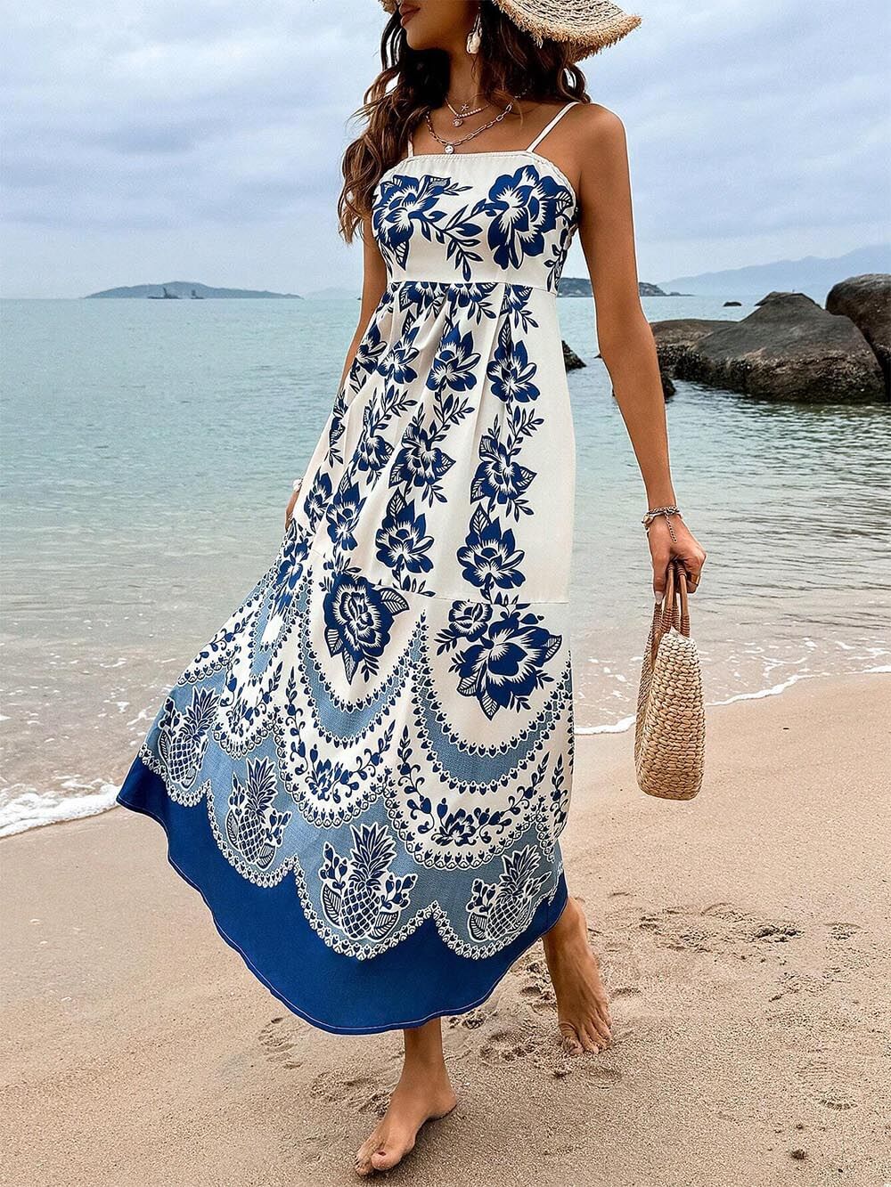 Ethnic Floral Print Smocked-Back Loose-Fit Midi Dress
