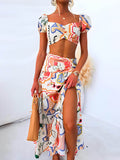 Chic Summer Wrap Skirt with Printed Top — Two-Piece Set