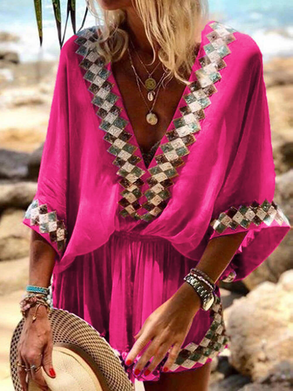 Bohemian Beach Print Kimono Romper - Effortless Boho-Chic Vacation Wear