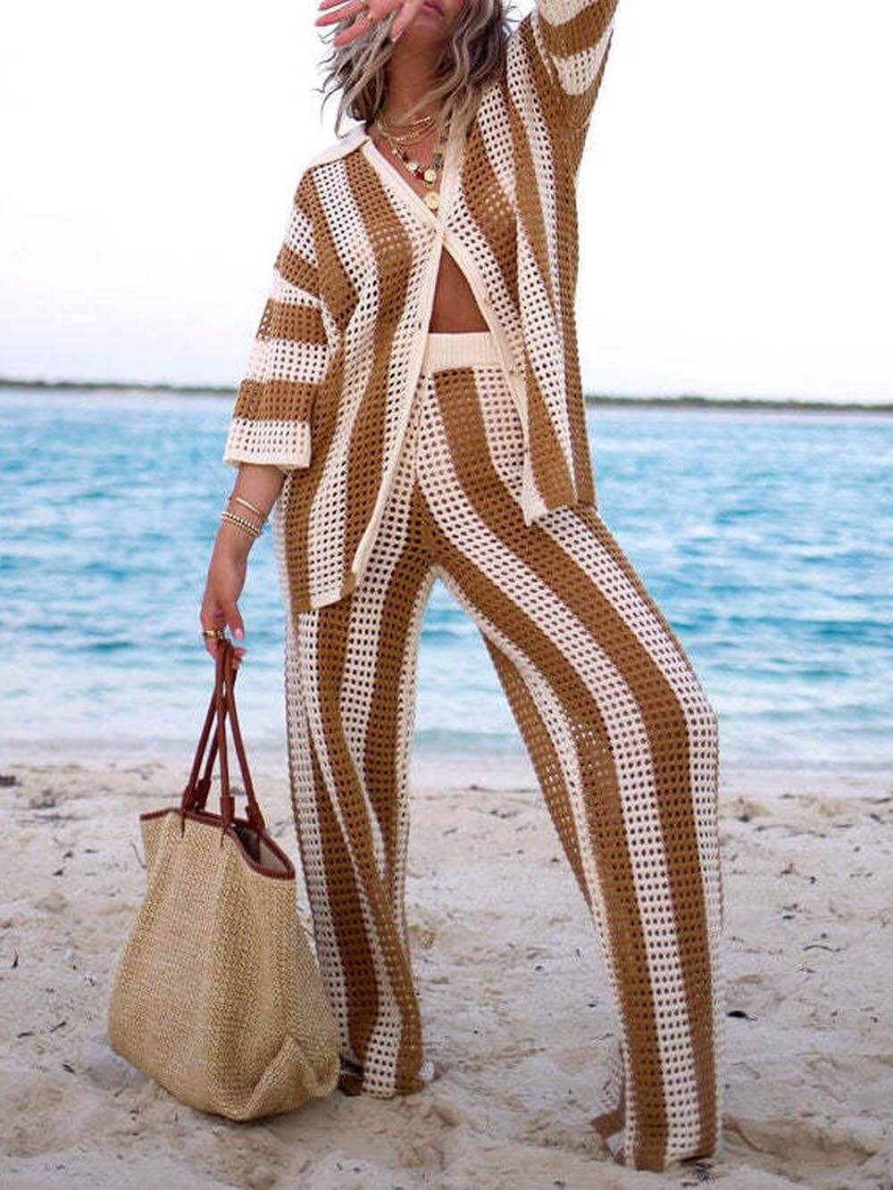 Casual Loose V-Neck Hollow-Out Striped Shirt & Wide-Leg Pants Set