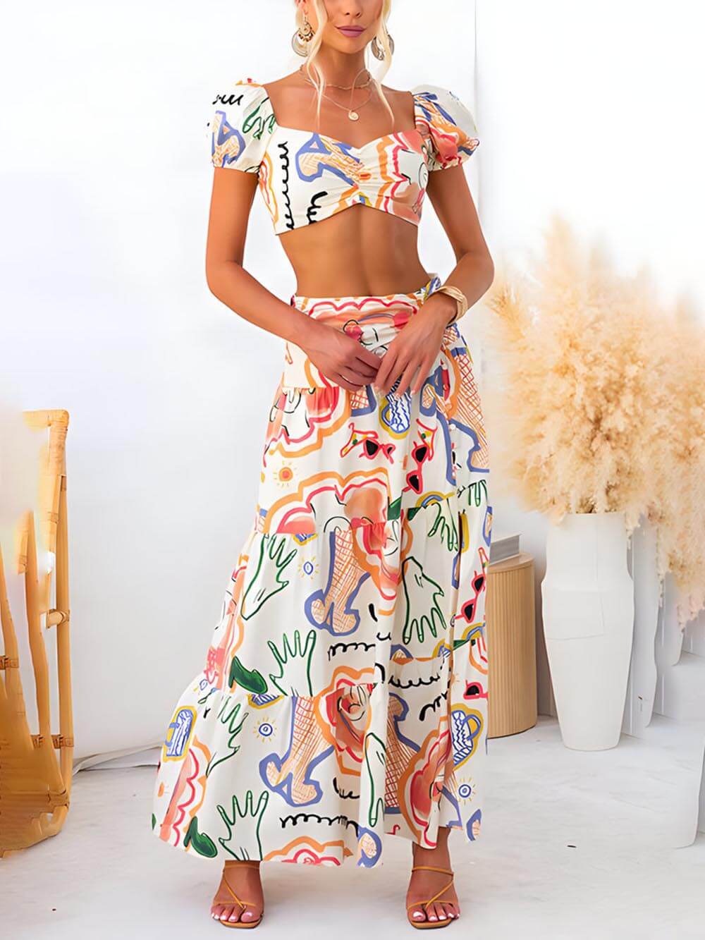 Chic Summer Wrap Skirt with Printed Top — Two-Piece Set