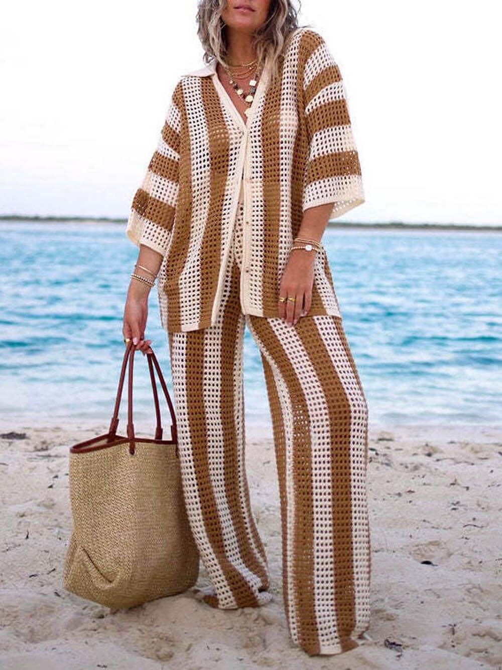 Casual Loose V-Neck Hollow-Out Striped Shirt & Wide-Leg Pants Set