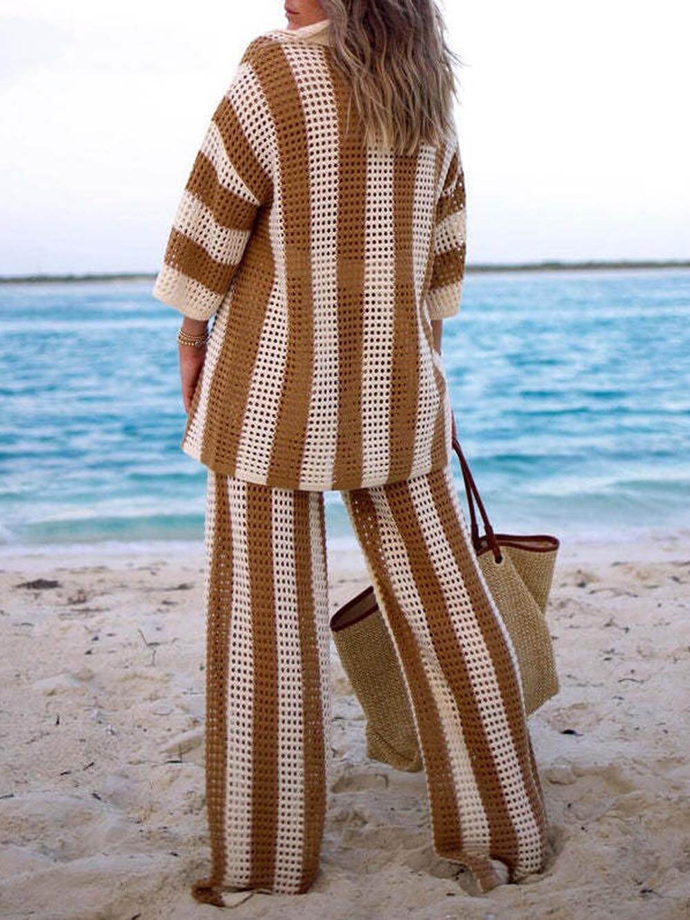 Casual Loose V-Neck Hollow-Out Striped Shirt & Wide-Leg Pants Set