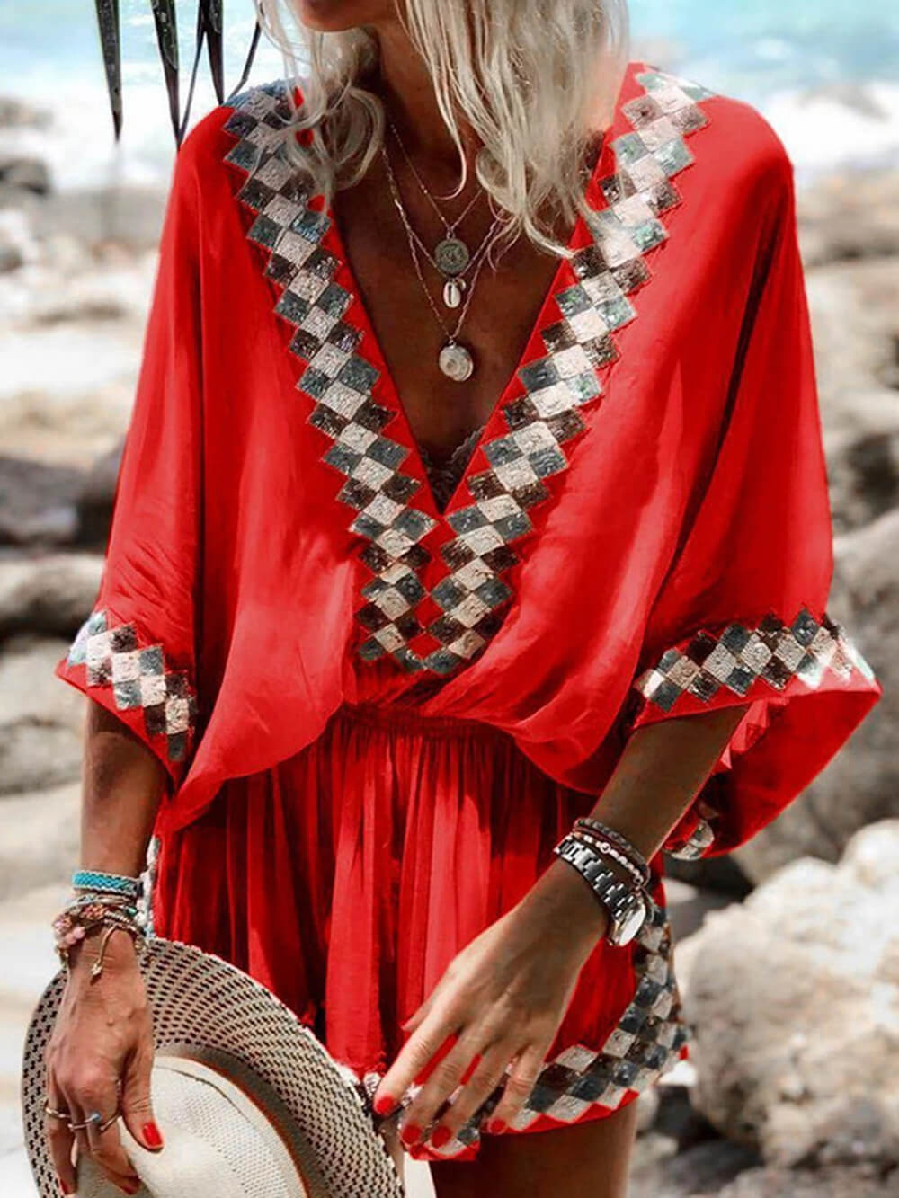 Bohemian Beach Print Kimono Romper - Effortless Boho-Chic Vacation Wear
