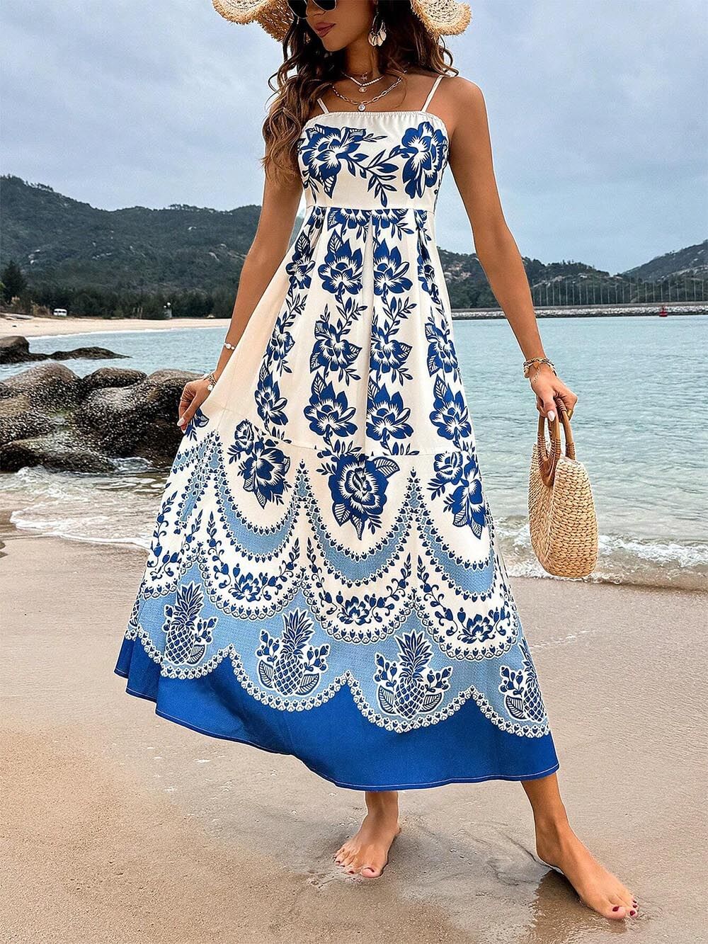 Ethnic Floral Print Smocked-Back Loose-Fit Midi Dress