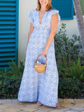 Blue Medallion-Print V-Neck Flutter-Sleeve Maxi Dress