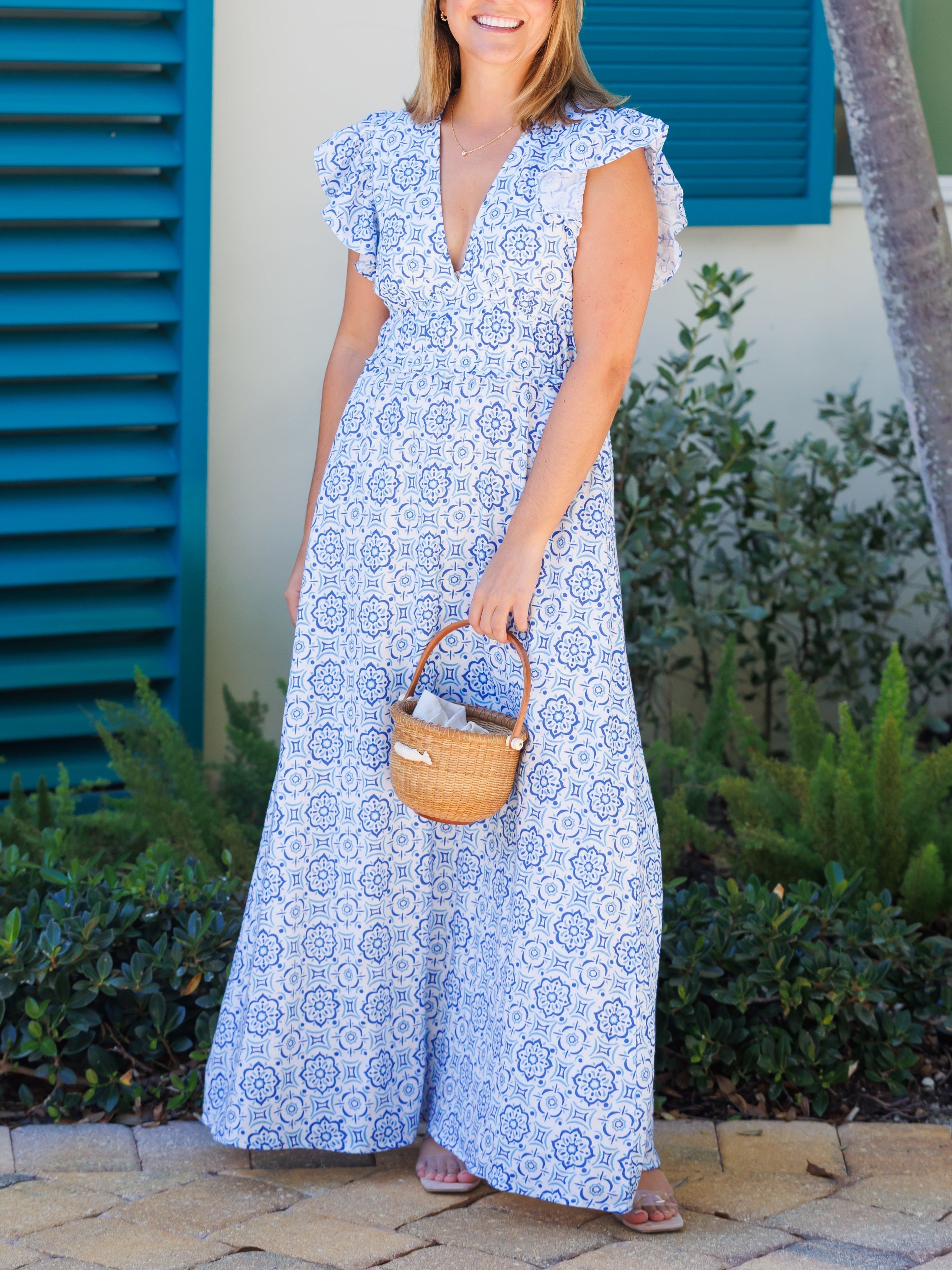 Blue Medallion-Print V-Neck Flutter-Sleeve Maxi Dress
