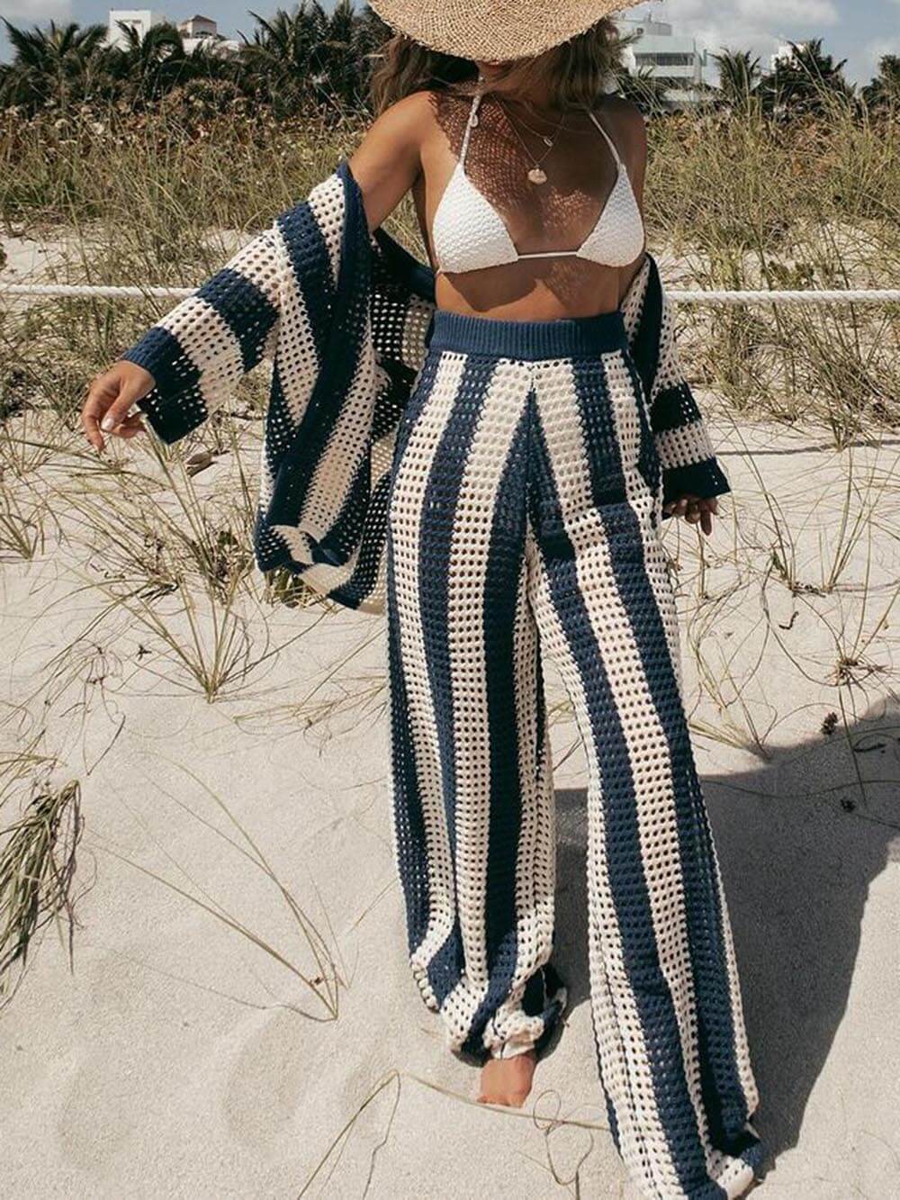 Casual Loose V-Neck Hollow-Out Striped Shirt & Wide-Leg Pants Set