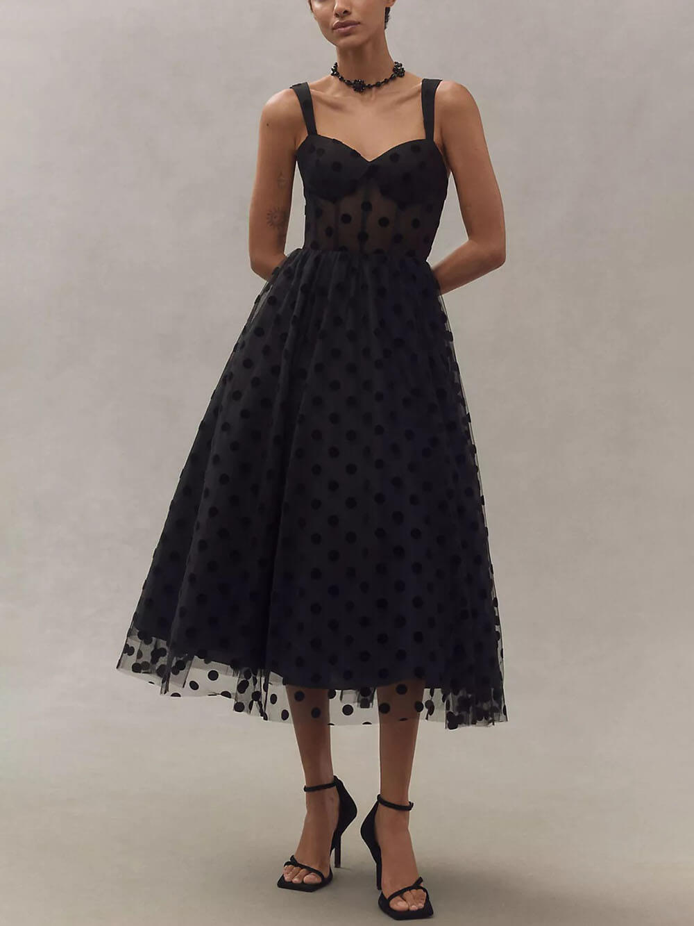 Glamorous Tulle Polka Dot Sweetheart Bustier A-Line Midi Dress