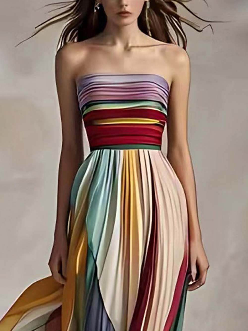 Elegant Striped Print Off-Shoulder Pleated Bandeau Maxi Dress