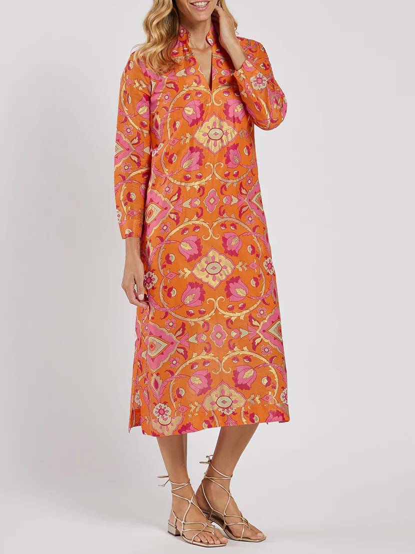 Chic Stand-Collar Printed Midi Dress