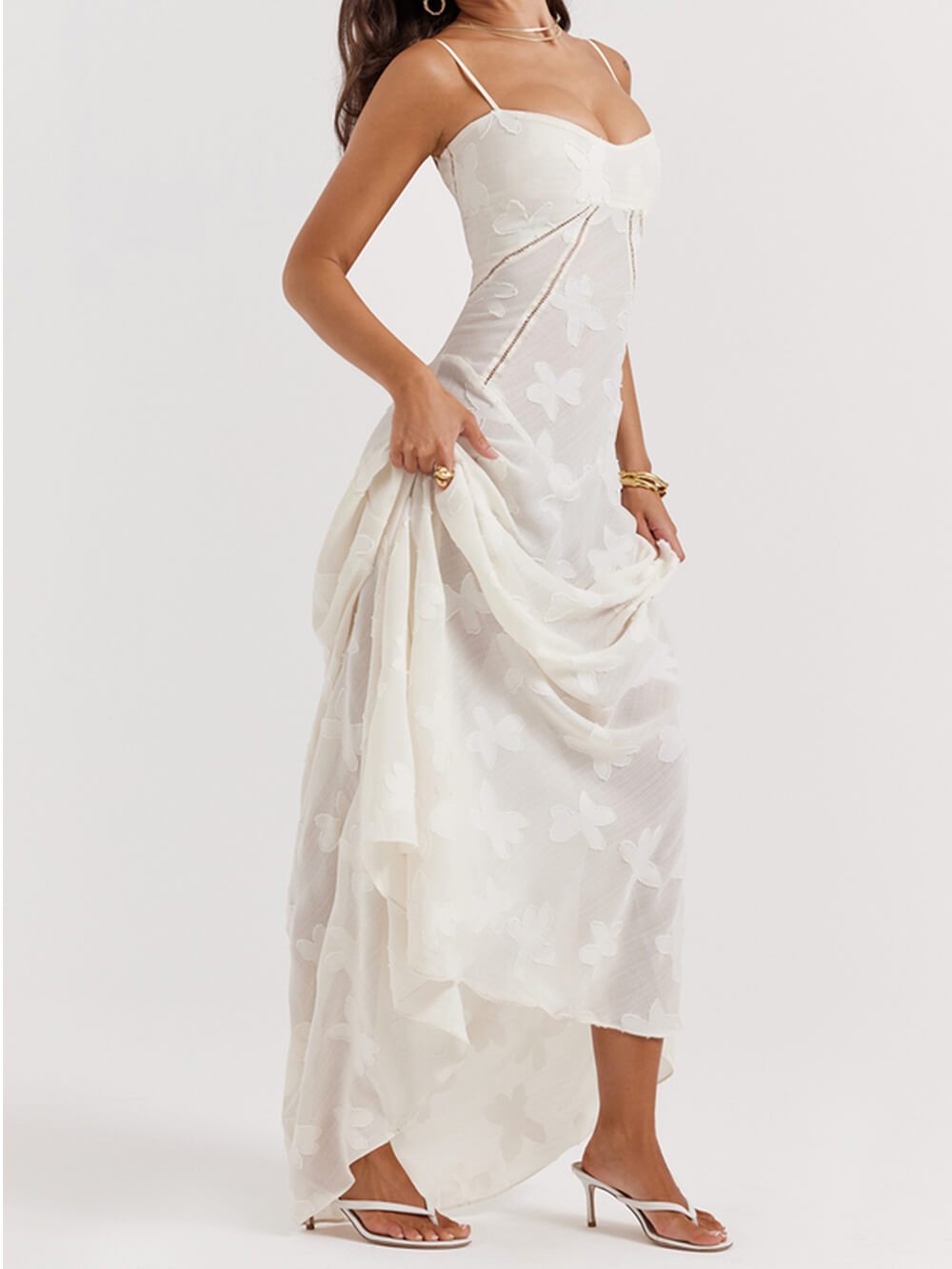 Elegant Vintage Cream Floral Lace-Back Maxi Dress