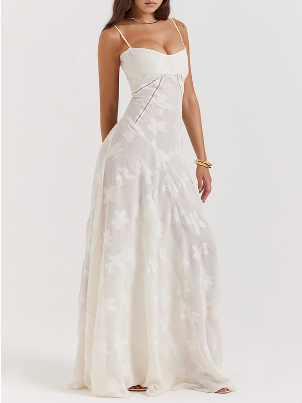 Elegant Vintage Cream Floral Lace-Back Maxi Dress