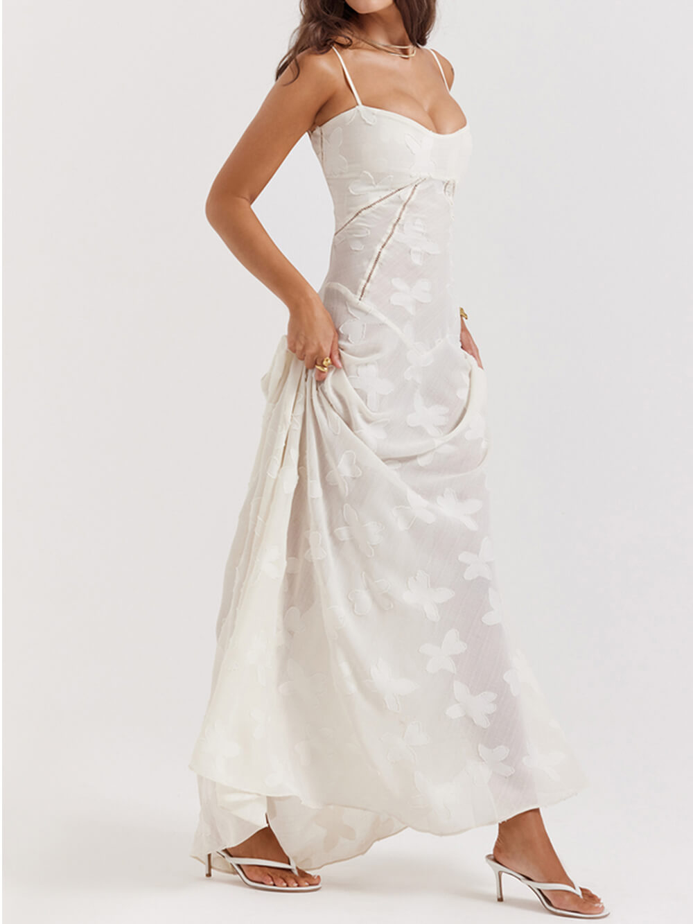 Elegant Vintage Cream Floral Lace-Back Maxi Dress