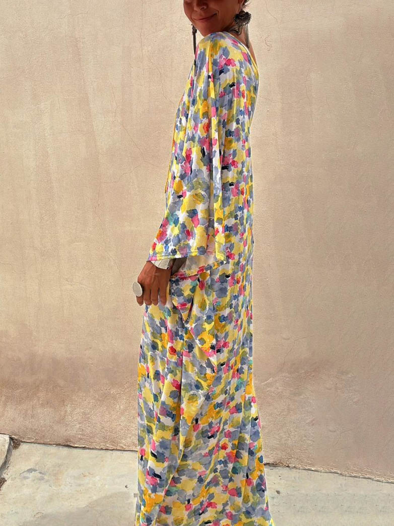 Casual Holiday Off-Shoulder Maxi Dress with Ink-Dyed Print