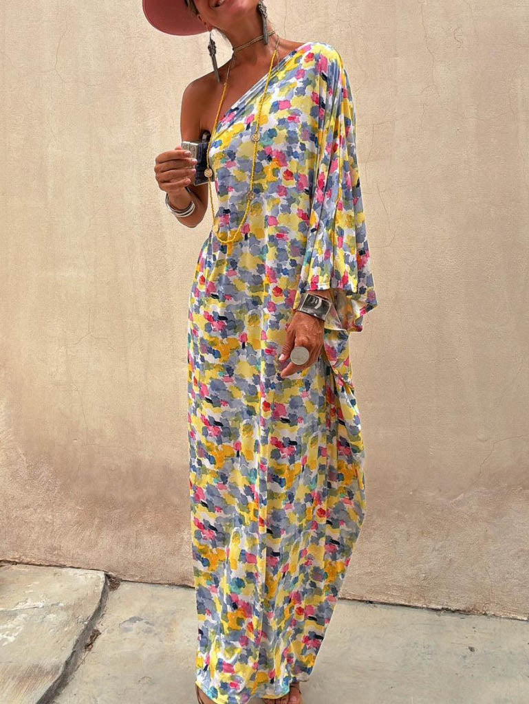 Casual Holiday Off-Shoulder Maxi Dress with Ink-Dyed Print