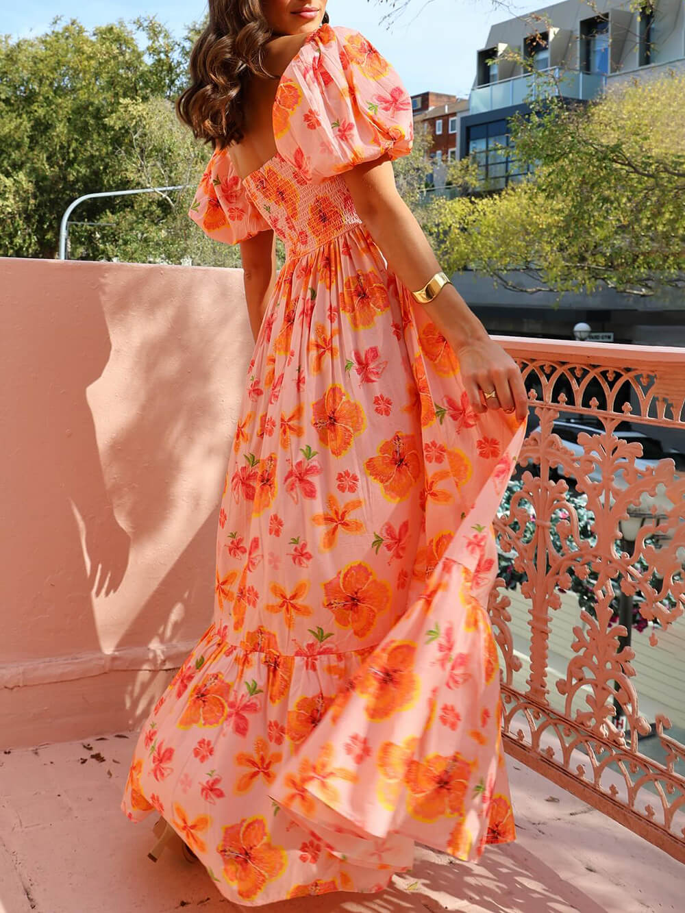 Floral Print Puff Sleeve Maxi Dress with Back Smocked Detail and Pocket