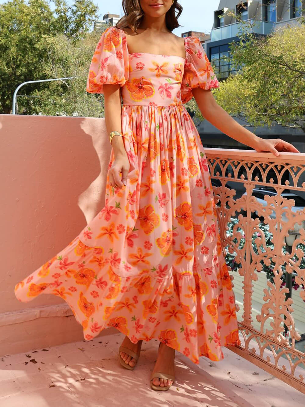 Floral Print Puff Sleeve Maxi Dress with Back Smocked Detail and Pocket