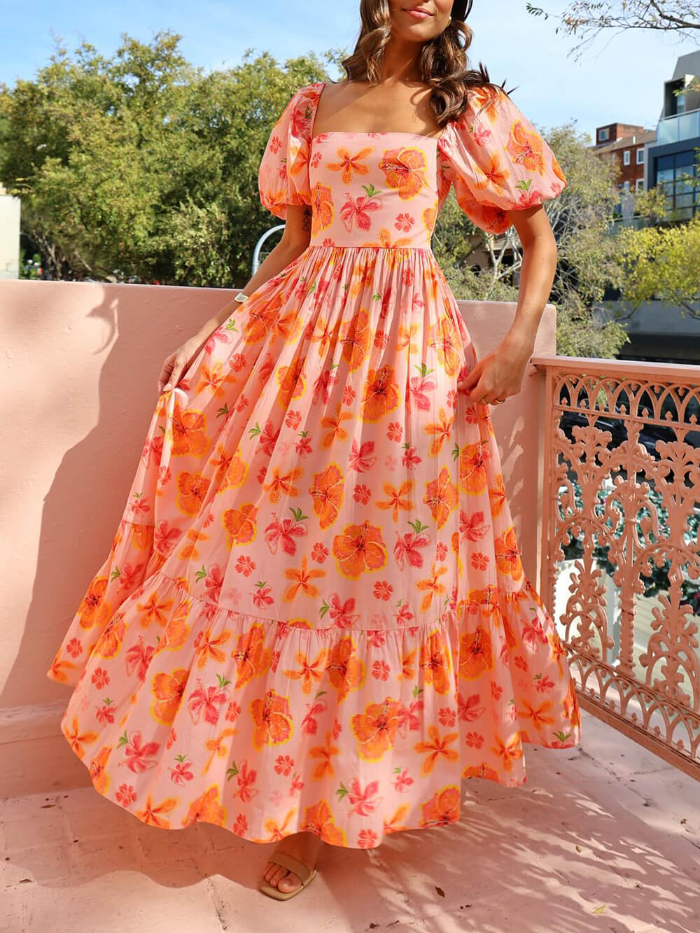 Floral Print Puff Sleeve Maxi Dress with Back Smocked Detail and Pocket