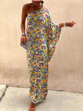 Casual Holiday Off-Shoulder Maxi Dress with Ink-Dyed Print