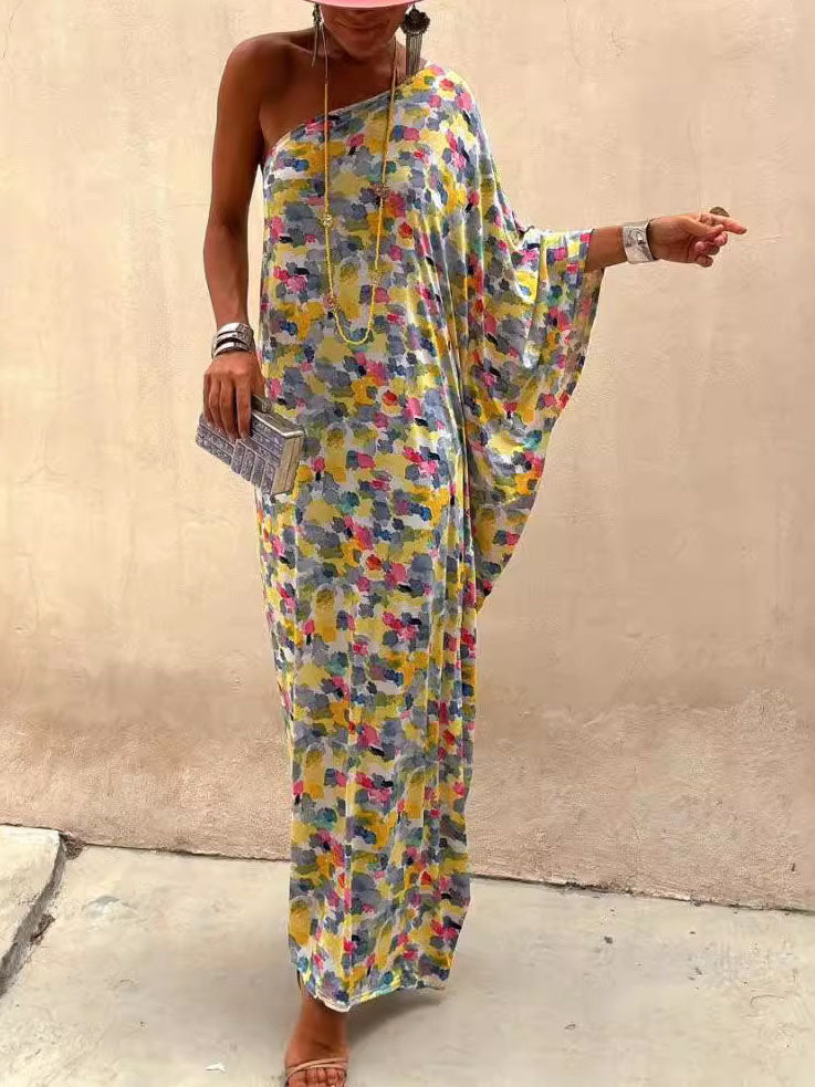 Casual Holiday Off-Shoulder Maxi Dress with Ink-Dyed Print