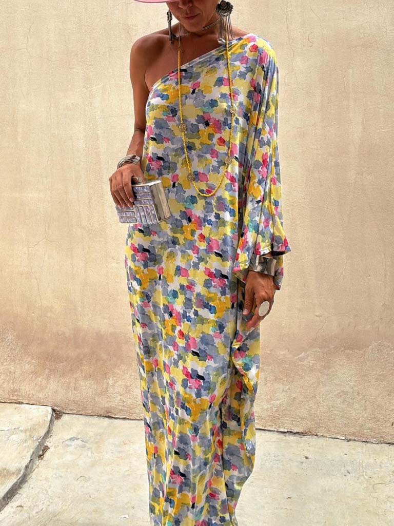 Casual Holiday Off-Shoulder Maxi Dress with Ink-Dyed Print