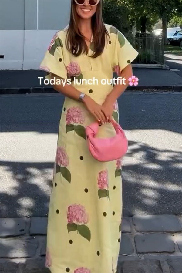 Jasmine Linen-Blend Floral Polka Dot Maxi Dress with Wide-Sleeve Shirt Silhouette