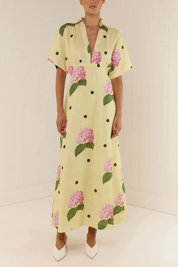 Jasmine Linen-Blend Floral Polka Dot Maxi Dress with Wide-Sleeve Shirt Silhouette