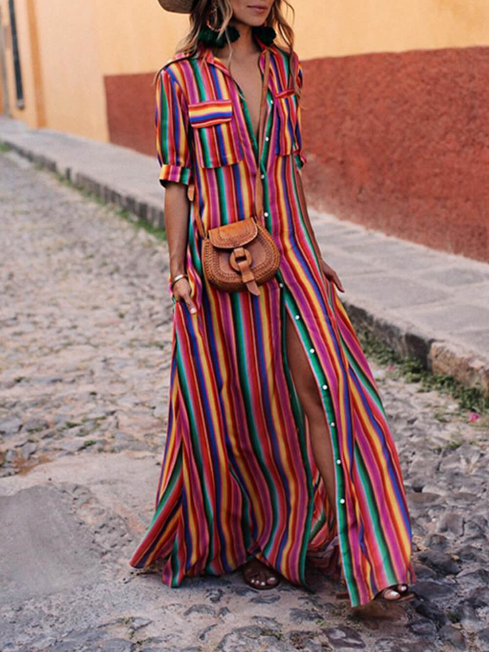 Casual Striped Print Shirt Maxi Skirt - Effortless Everyday Chic