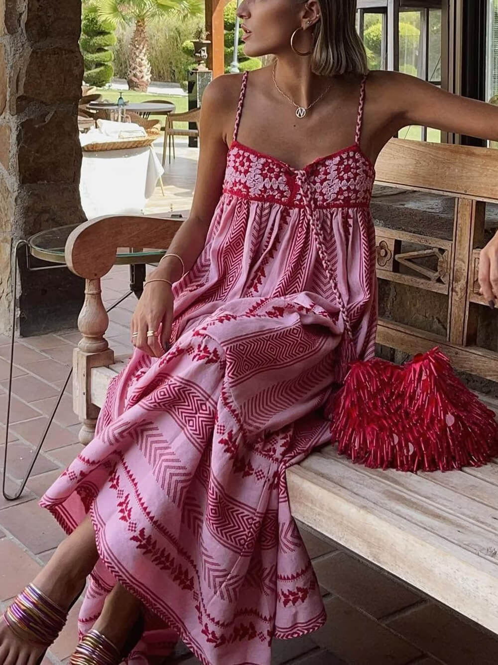 Boho Crochet Patchwork Ethnic-Style Knitted Slip Maxi Dress