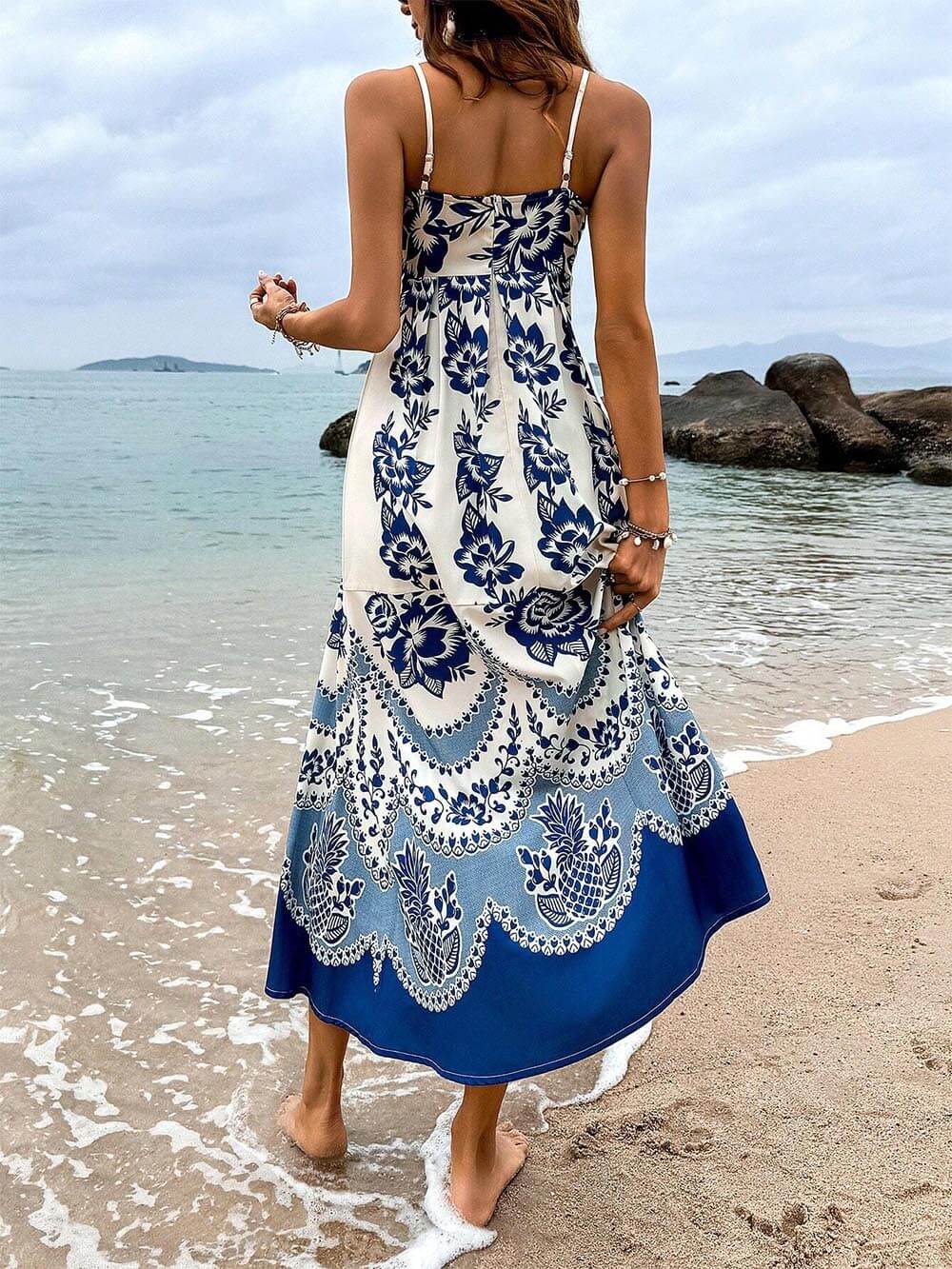 Ethnic Floral Print Smocked-Back Loose-Fit Midi Dress