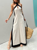 Color-Block Halter-Neck Maxi Dress with Side Slit