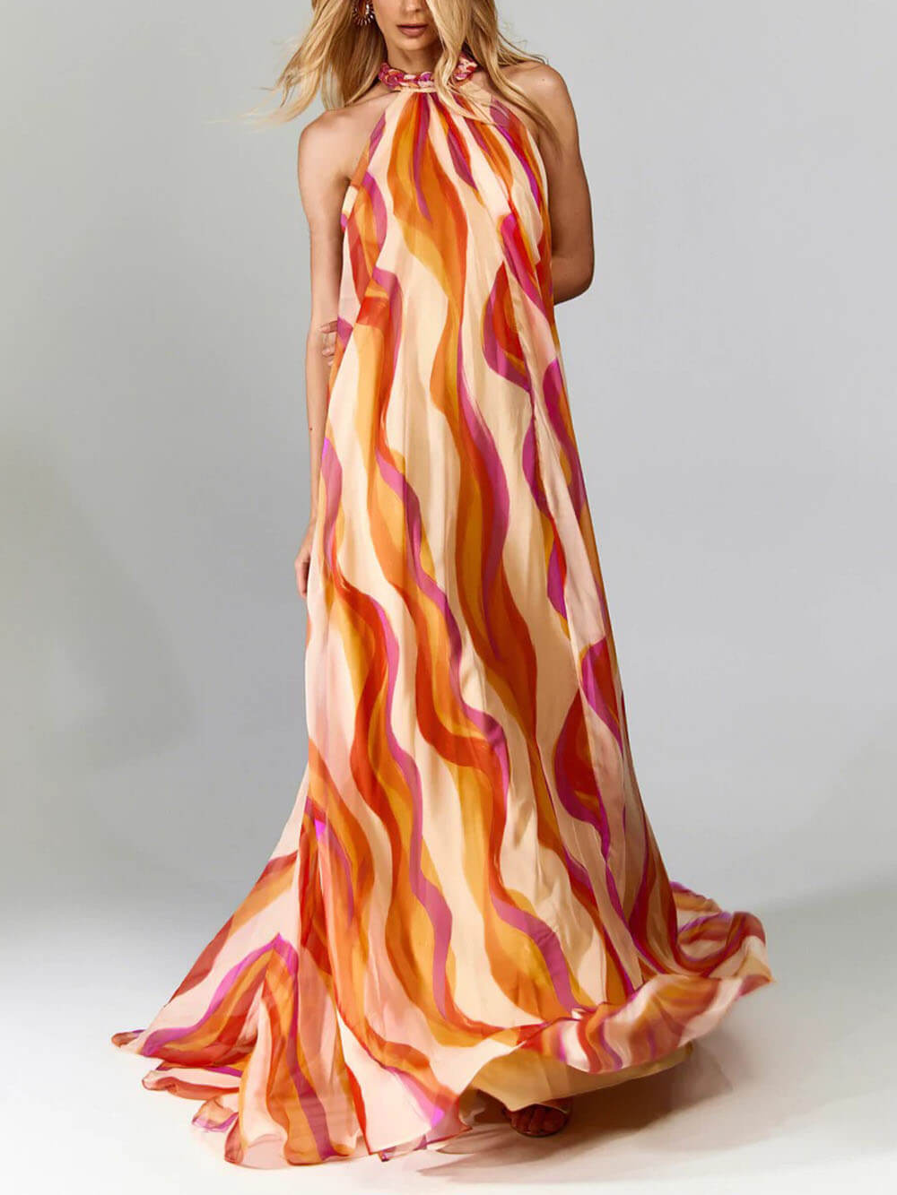 Elegant Braided Halter-Neck Maxi Dress with Wave Print