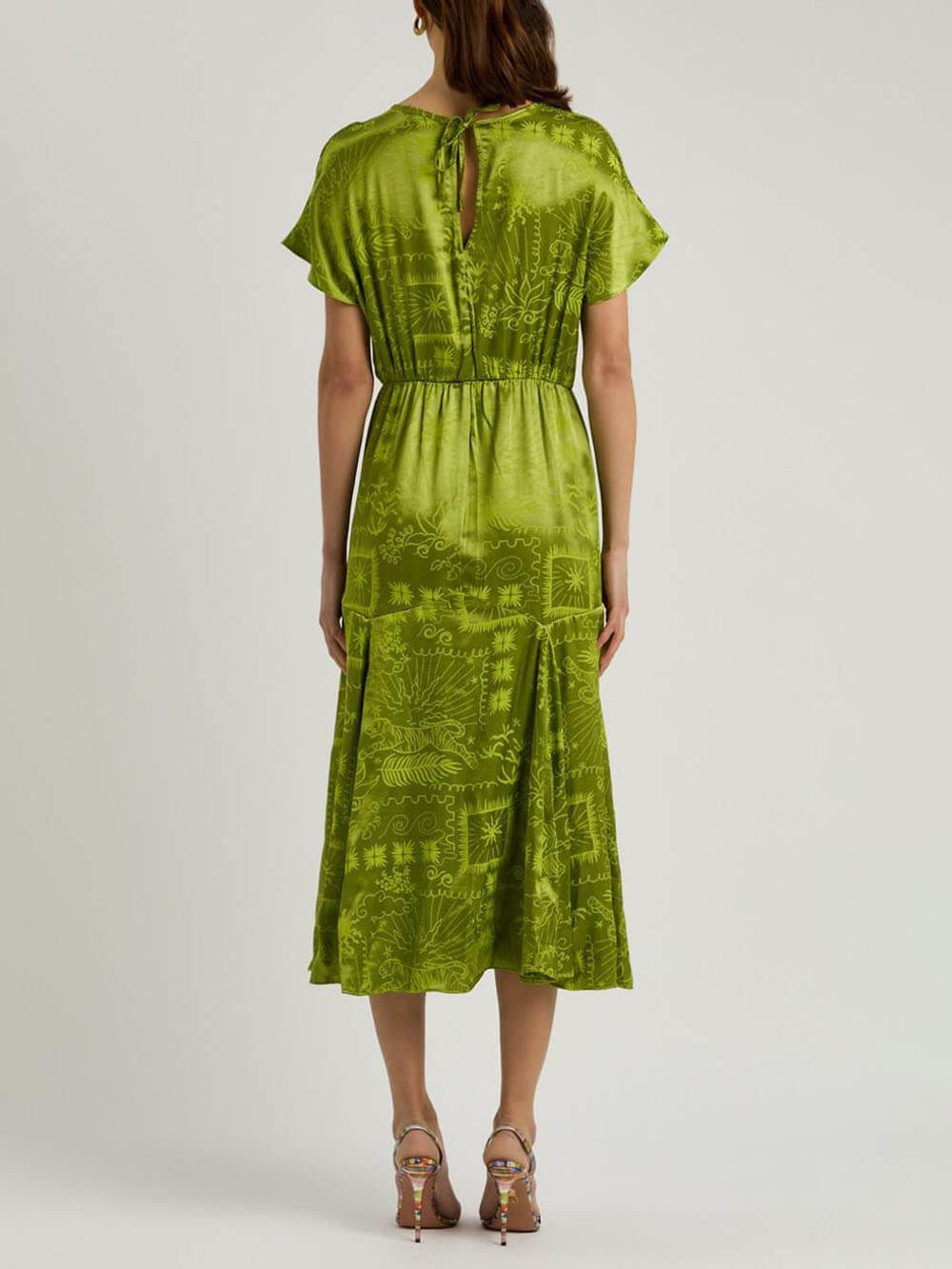 Elegant Satin Midi Dress with a Unique Jacquard Print