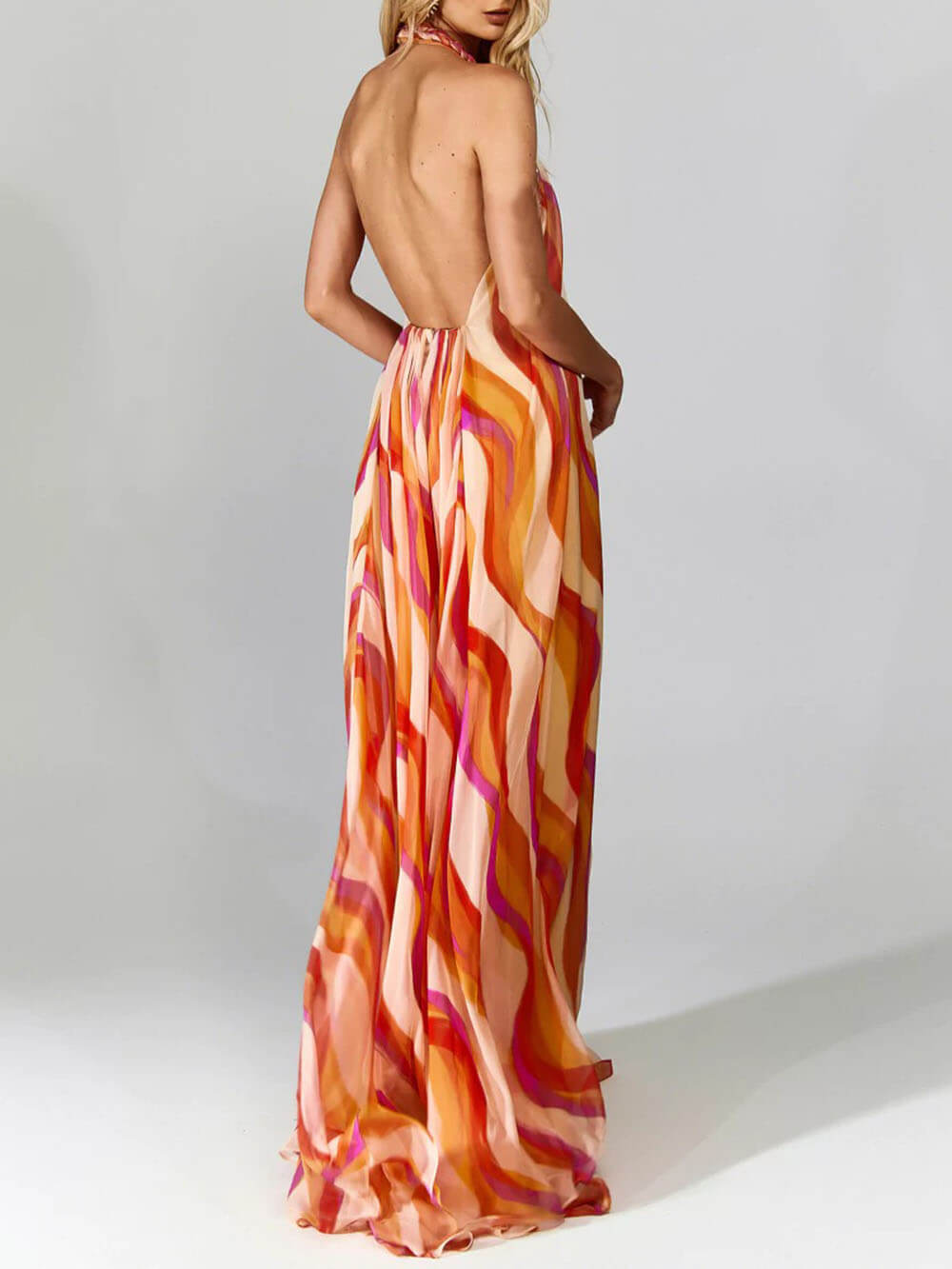 Elegant Braided Halter-Neck Maxi Dress with Wave Print