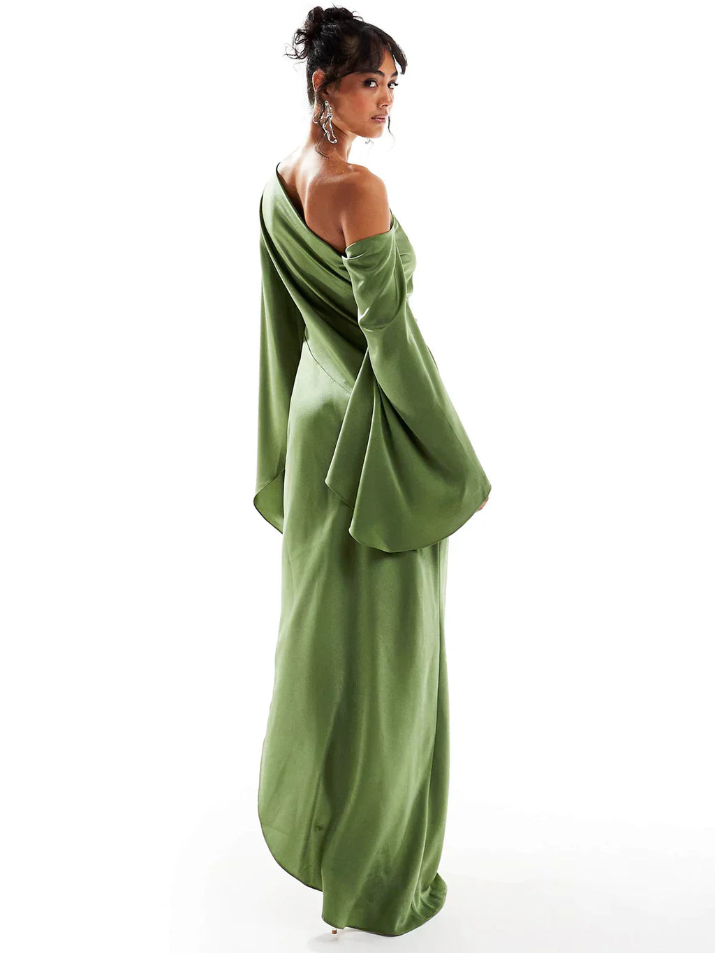 Green Satin Maxi Dress with a Flattering Asymmetrical Hem