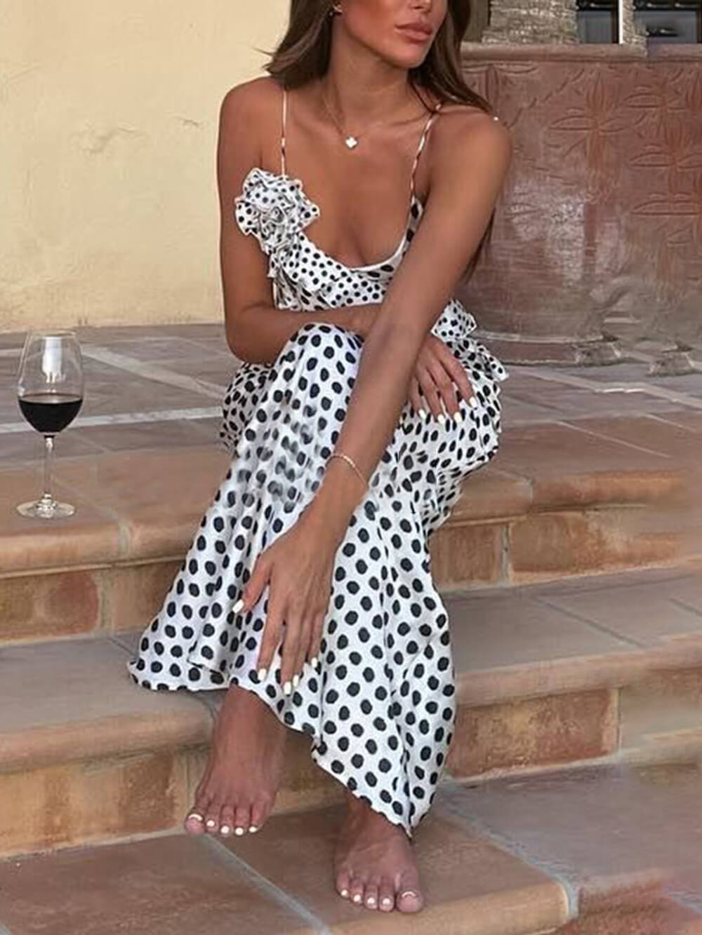 Dreamy Polka Dot Guipure Maxi Dress with Ruffled Suspender Straps