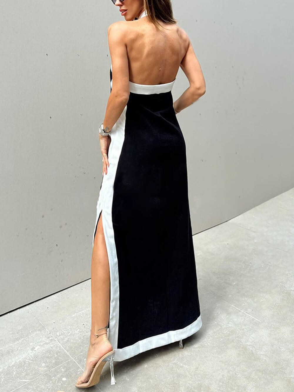 Color-Block Halter-Neck Maxi Dress with Side Slit