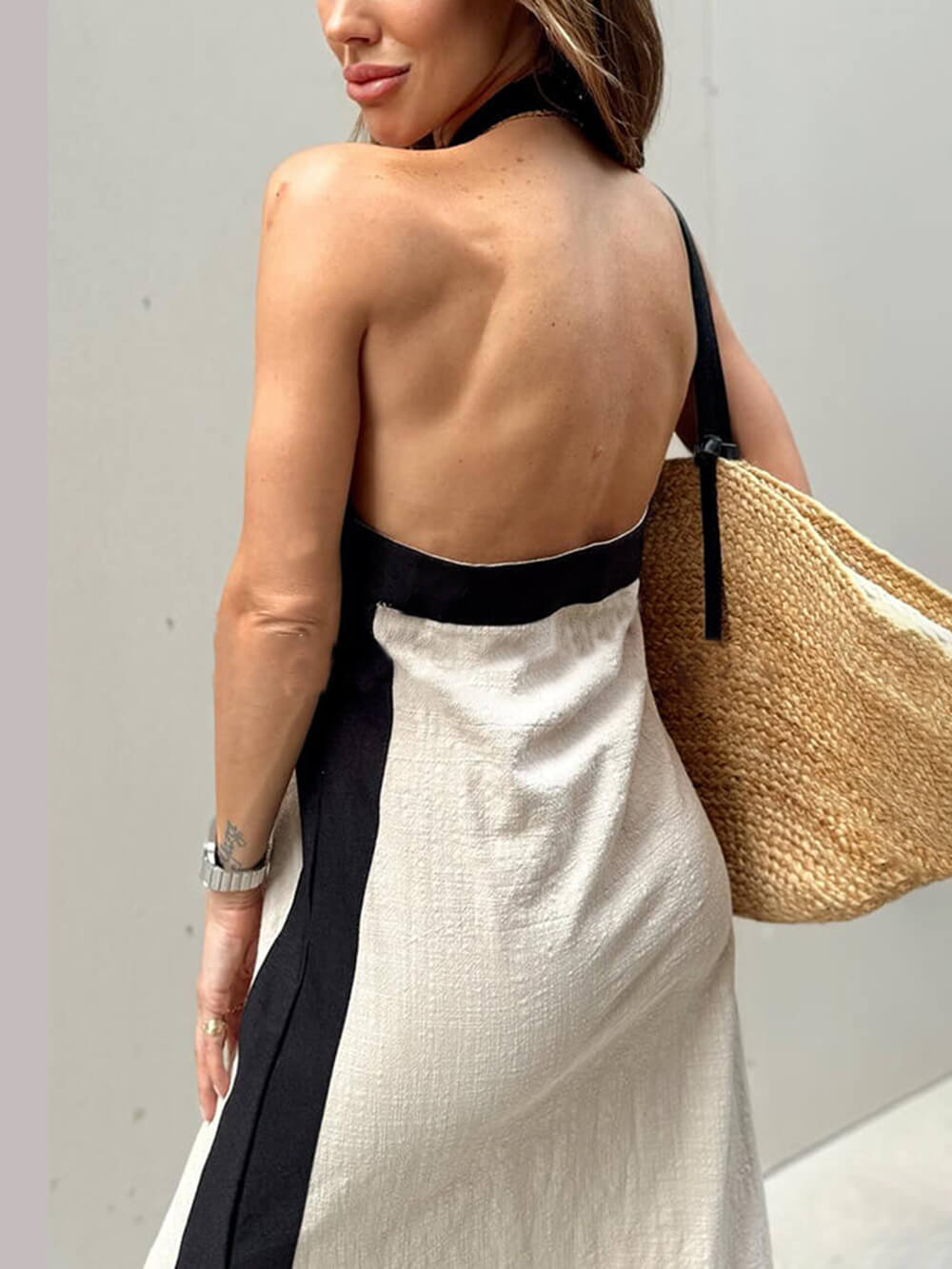 Color-Block Halter-Neck Maxi Dress with Side Slit