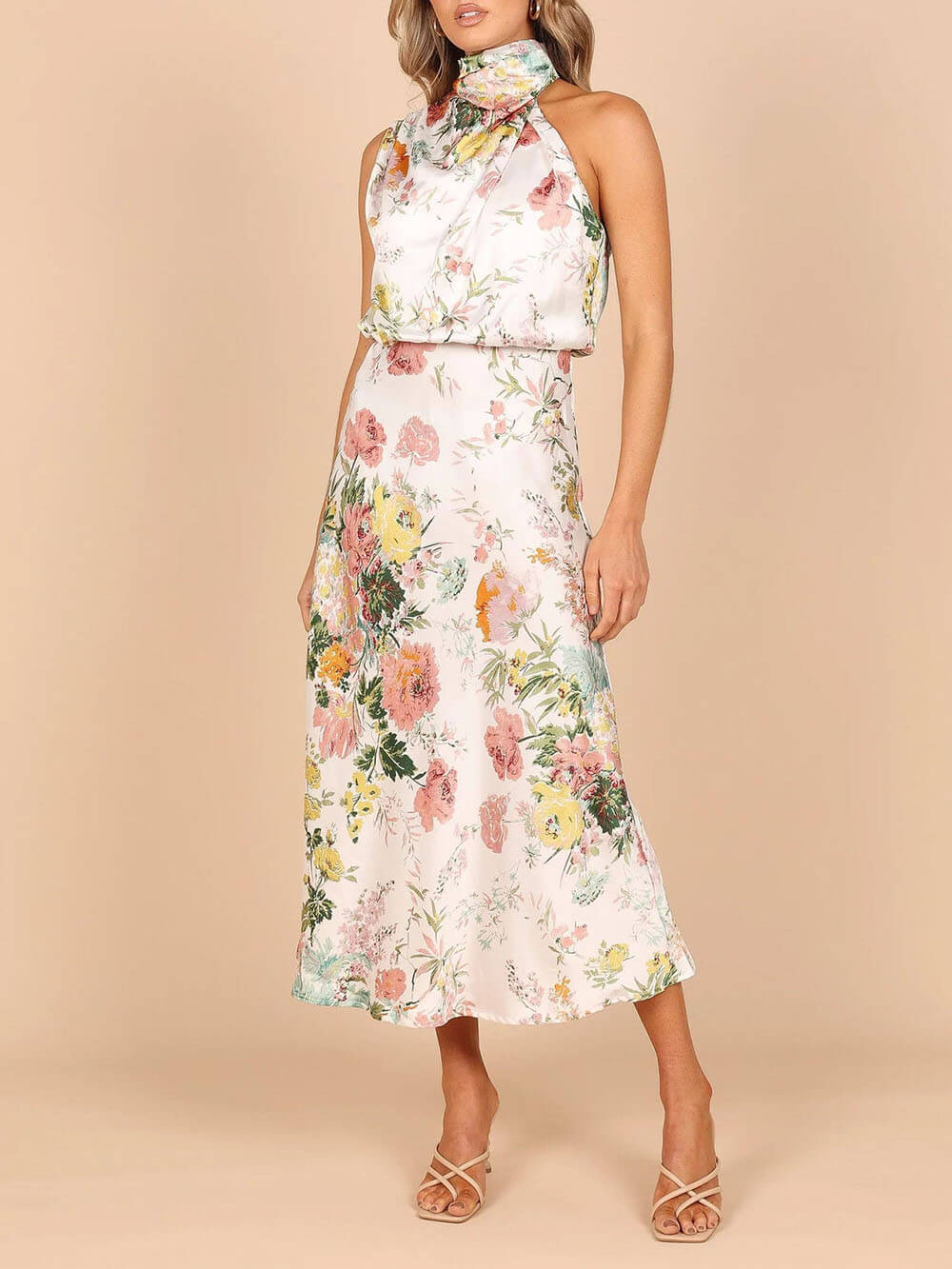 Floral Halter-Neck Maxi Dress with Elastic Waist