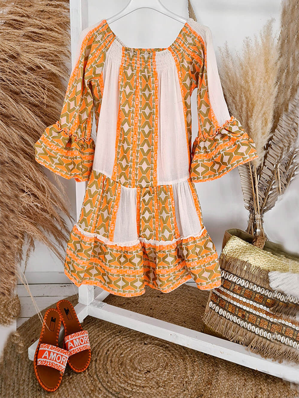 Boho Ethnic Print Linen-Blend Off-Shoulder Mini Dress - Flowy, Relaxed Fit