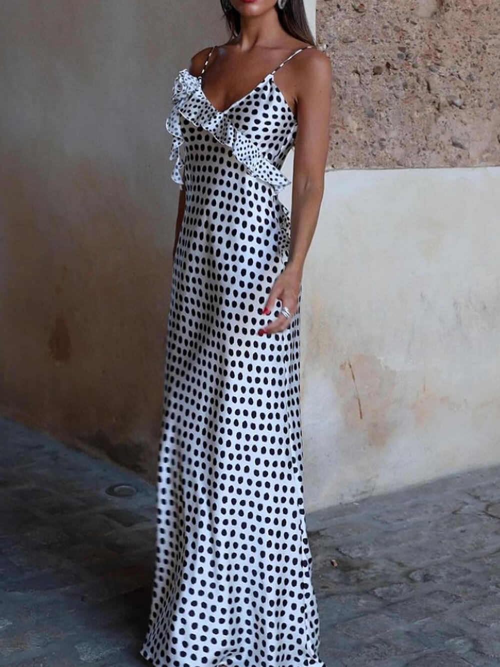 Dreamy Polka Dot Guipure Maxi Dress with Ruffled Suspender Straps