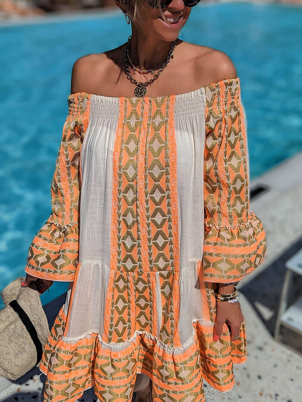 Boho Ethnic Print Linen-Blend Off-Shoulder Mini Dress - Flowy, Relaxed Fit
