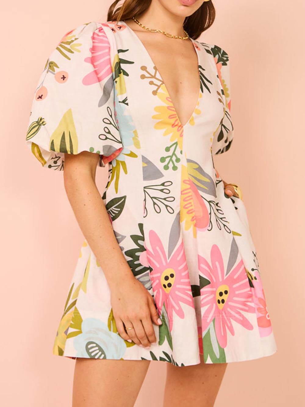 Floral Print Puff-Sleeve Mini Dress with Pockets