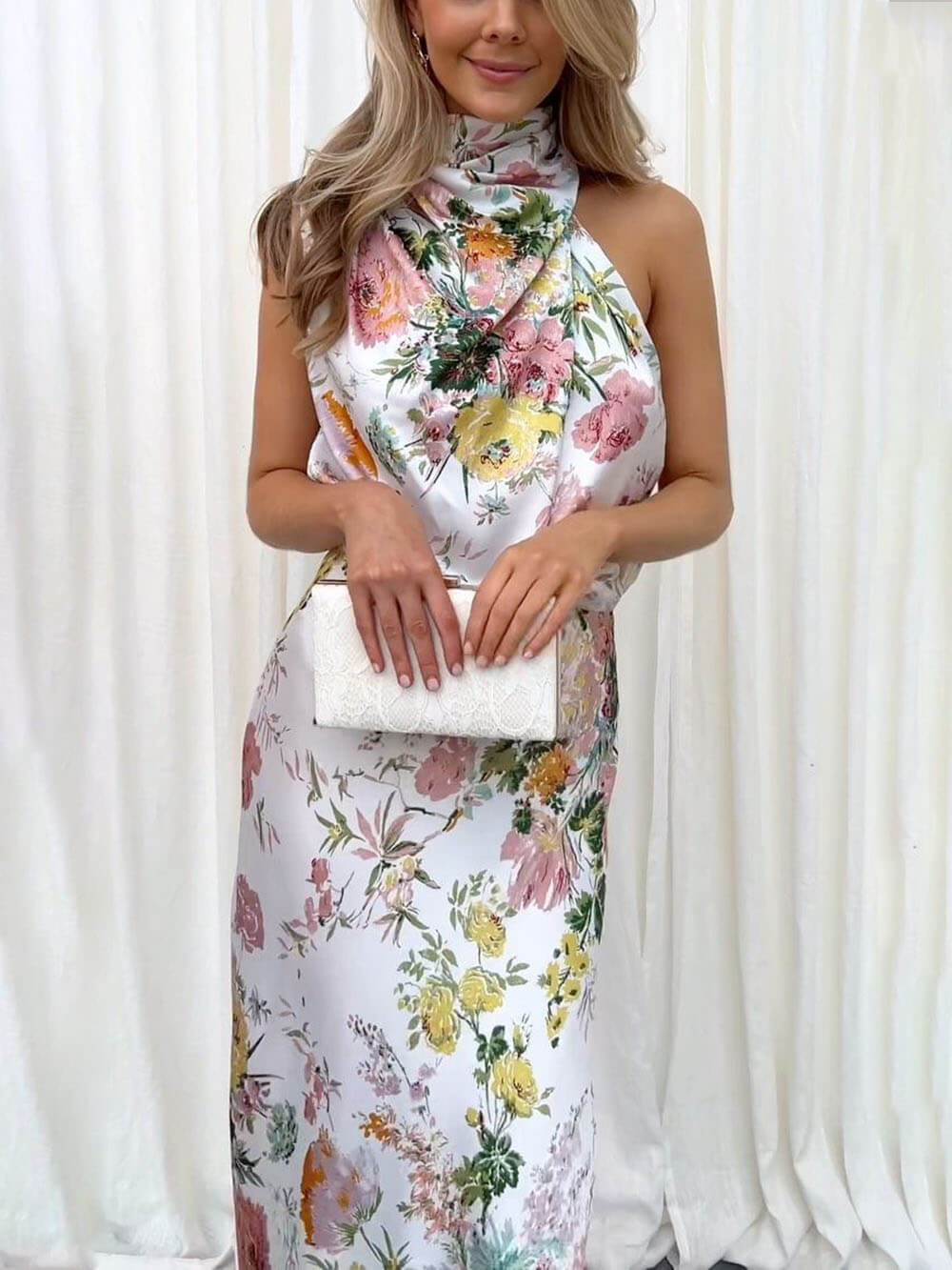 Floral Halter-Neck Maxi Dress with Elastic Waist