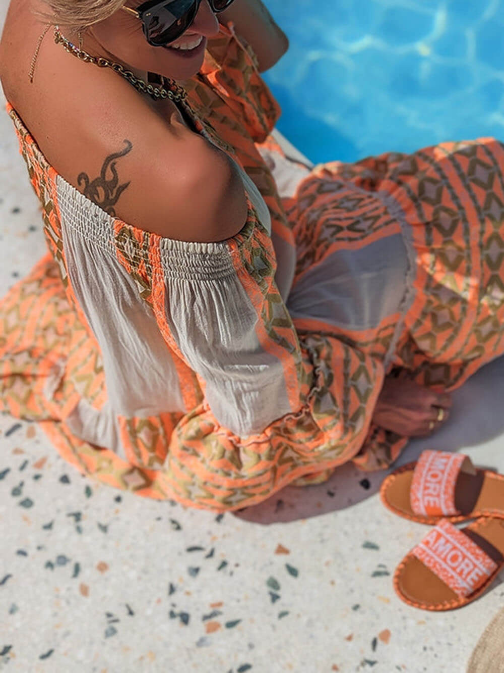 Boho Ethnic Print Linen-Blend Off-Shoulder Mini Dress - Flowy, Relaxed Fit