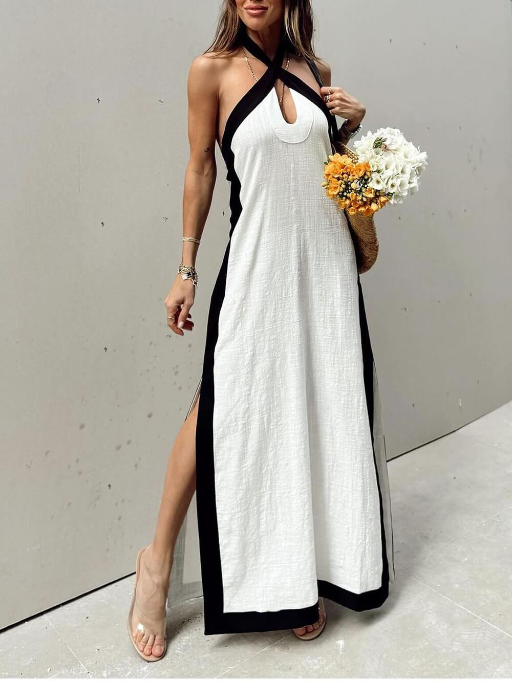 Color-Block Halter-Neck Maxi Dress with Side Slit